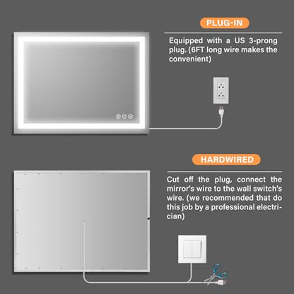 36x28 inch LED Lighted Bathroom Mirror with Anti-Fog, Wall Mounted Vanity Mirror with Smart Touch Button, Memory Function, Adjustable Warm White/Natural/Daylight Lights(Horizontal/Vertical) - size: 28"L x 36"W