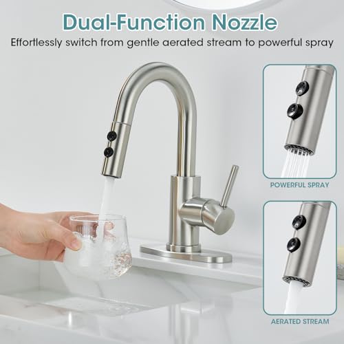 Brushed Nickel Bathroom Faucet with Pull Down Sprayer, 2 Flow Mode | Modern Stainless Steel Bathroom Sink Faucet with Pop-up Drain and Hoses, RV & Outdoor Basins, for 1 or 3 Hole - color: Brushed Nickel
