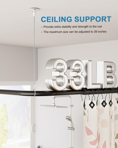 Supforce Curved Shower Curtain Rod, L Shaped Corner Shower Rod [24"-37"] x [24"-37"] Adjustable, Stainless Steel 90 Degree Angled Shower Curtain Rod with 12 Hooks & Ceiling Support, No Sagging