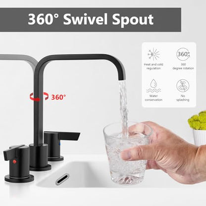 Matte Black Bathroom Faucet 3 Hole 8 Inch Widespread Waterfall | 2-Handle Vanity Faucet, Pop-Up Drain, Supply Lines, Adjustable 4- to 16-Inch Widespread Fit, 360° Swivel Spout - color: Matte Black