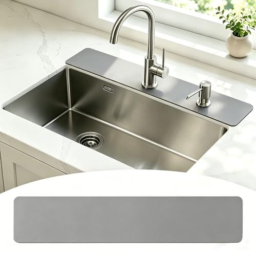 29"L x 5.5"W Customizable Grey Faucet Mat: Quick Dry Extra Absorbent Sink Mat & Bathroom Counter Protector - Freely Custom Cuttable with 2 or 3 Hole Faucet Design - Extra Long Splash Guard Pad