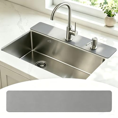 29"L x 5.5"W Customizable Grey Faucet Mat: Quick Dry Extra Absorbent Sink Mat & Bathroom Counter Protector - Freely Custom Cuttable with 2 or 3 Hole Faucet Design - Extra Long Splash Guard Pad