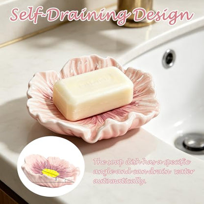Ceramic Soap Holder with Flower Arrangements, Automatic-Draining Soap Tray for Bathroom Sink & Shower, Small Cute Elegant Glazed Holder, Easy to Clean（Rosy） - color: Rosy