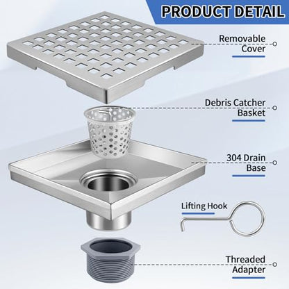 Square Shower Drain, 304 Stainless Steel 4 inch Shower Floor Bathroom Shower Drain with CUPC Certified, Brushed Nickel 4'' Square Floor Drain, for Bathroom Toilet Washroom Drain Water - size: 4 inch