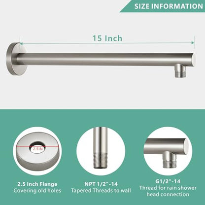 Voolan 15" Round Shower Arm with Flange and Teflon Tape, Extension Shower Head Arm for Bathroom Fixed Shower Head, Solid Stainless Steel, Wall Mounted (Brushed Nickel) - color: Brushed Nickel, style: 15 Inch