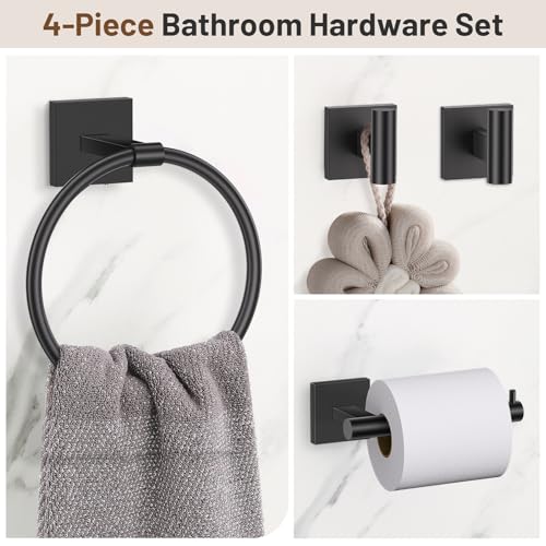 Towel Ring Set 4 Piece Bathroom Hardware Set Includes Towel Ring 2 Towel Hooks and Toilet Paper Holder Stainless Steel Wall Mounted (Matte Black) - color: Matte Black, size: Set C
