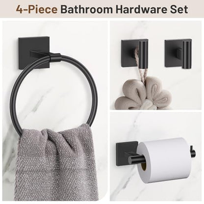 Towel Ring Set 4 Piece Bathroom Hardware Set Includes Towel Ring 2 Towel Hooks and Toilet Paper Holder Stainless Steel Wall Mounted (Matte Black) - color: Matte Black, size: Set C