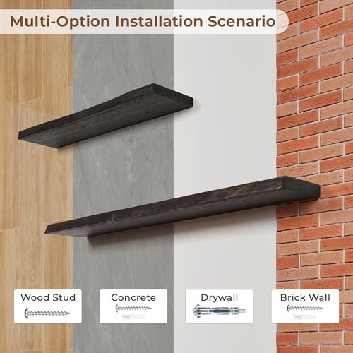 24 inch Floating Shelves for Wall Live Edge, Walnut, 2PCs | 8'' D Rustic Solid Elm Wood, Wall Mounted, Wall Shelves, Invisible Bracket, Living Room Bedroom Kitchen - color: Walnut Live Edge, size: 24x8x1.4in, Set of 2