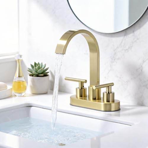 TRUSTMI 4" Centerset Bathroom Faucet, Brushed Gold - High-Flow Waterfall Spout for Deep Sinks, 360° Swivel, 2 or 3 Hole Deck Mount, Includes Drain & Supply Lines - color: Brushed Gold