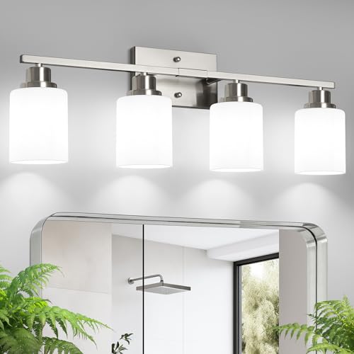 Ascher Bathroom Light Fixtures, 4-Light Vanity Light Over Mirror, Brushed Nickel Wall Sconces with Milky White Frosted Glass Shades, Wall Lamp for Living Room Bedroom, E26 Base(Bulbs Not Included) - color: Brushed Nickel, size: 4-Light