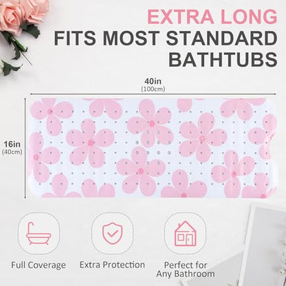 Floral Bathtub Mat Non Slip Flower Bath Mat for Women Kids, Extra Long 40"x16" - color: Pink