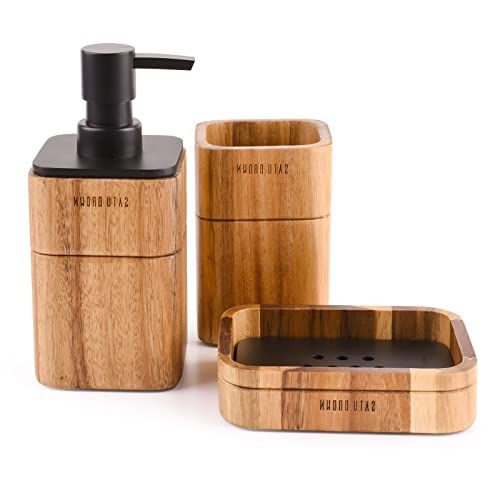 Bathroom Accessories Set 3 Piece Bath Ensemble Includes Soap Dispenser, Bathroom Tumbler, Soap Dish Accessories for Decorative Countertop and Housewarming Gift,Acacia Wood - style: Acacia Wood
