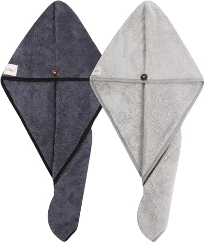 M-bestl 2 Pack Hair Drying Towels, Anti-frizz Hair Towel Wrap, Absorbent Microfiber Hair Towel Turban with Button Design for Straight Curly Hair (Dark Gray&Light Gray) - color: Dark Gray&light Gray