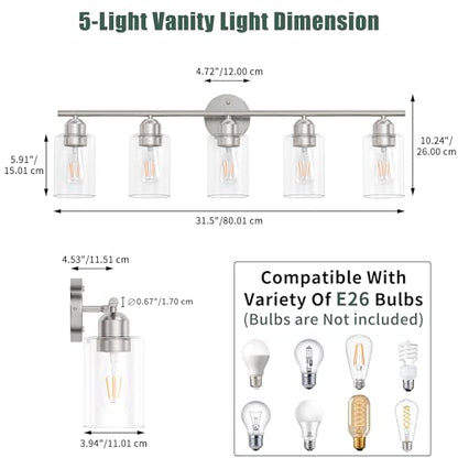 Bathroom Vanity Light Fixtures Brushed Nickel Bathroom Lighting Fixture, 5 Lights Bathroom Light Fixture Over Mirror, Modern Black Vanity Light, Wall Sconces with Glass Shades - color: Brushed Nickel, size: 5 Lights