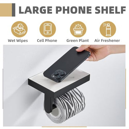 Sintered Stone Toilet Paper Holder with Shelf Matte Black, APLusee Stainless Steel Paper Holder with Phone Shelf Wall Mounted - size: Single Rod