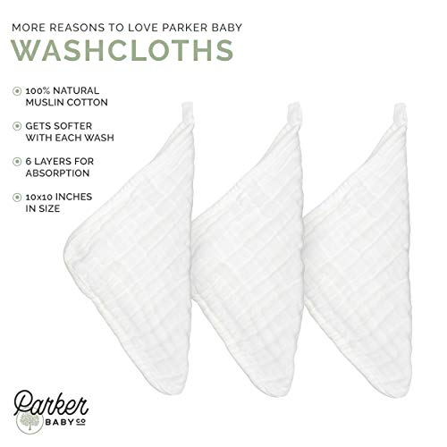Parker Baby Co. 100% Cotton Muslin Baby Washcloths, 6-Pack White | Soft & absorbent wash cloths for newborn baths, face wiping and sensitive skin care