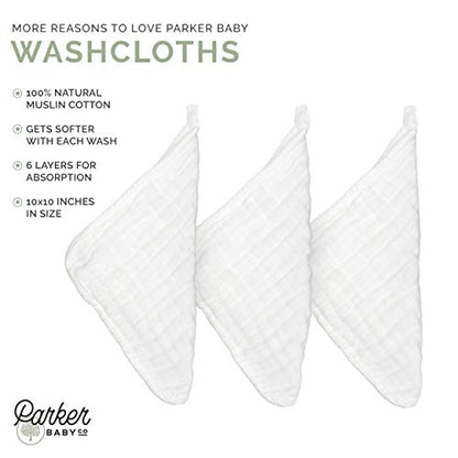 Parker Baby Co. 100% Cotton Muslin Baby Washcloths, 6-Pack White | Soft & absorbent wash cloths for newborn baths, face wiping and sensitive skin care
