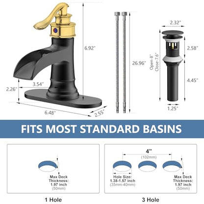 Bathroom Faucet Black and Gold Waterfall Bathroom Sink Faucets | Single Handle Rustic Vanity Farmhouse RV Faucet Suitable for 1 or 3 Holes with Pop-up Drain Deck Plate Hose by Homevacious - color: Gold & Black