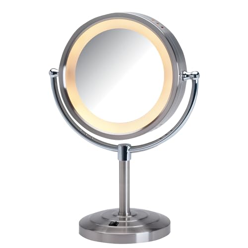 JERDON Lighted Makeup Mirror with 5X Magnification - Nickel - HL745NC | Two-Sided 1X View, 8.5" Diameter, 15.5" Tall, Halo Lighting - color: Nickel