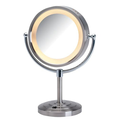JERDON Lighted Makeup Mirror with 5X Magnification - Nickel - HL745NC | Two-Sided 1X View, 8.5" Diameter, 15.5" Tall, Halo Lighting - color: Nickel