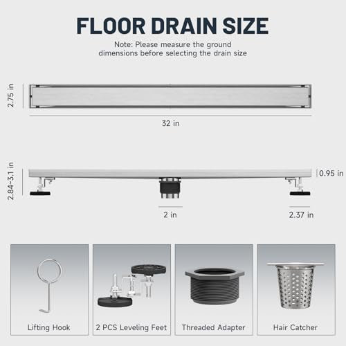 Linear Shower Drain 32 Inch Shower Trench Drain with Tile Insert Grate | Evolvegoods 304 Stainless Steel Bathroom Floor Drain,Rectangular Shower Drain with Leveling Feet,Hair Strainer,Brushed Nickel - size: 32 Inches