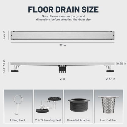 Linear Shower Drain 32 Inch Shower Trench Drain with Tile Insert Grate | Evolvegoods 304 Stainless Steel Bathroom Floor Drain,Rectangular Shower Drain with Leveling Feet,Hair Strainer,Brushed Nickel - size: 32 Inches