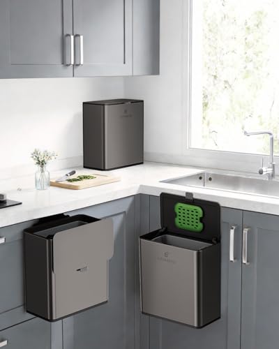 Kitchen Compost Bin, 8L/2.1G Small Trash Can with Lid, Slim Stainless Steel Hanging Garbage Bin for Kitchen, Bathroom, Bedroom, Office, Wall Mounted Compost Bin with Inner Bucket, Grey - size: 8L-Titanium Grey