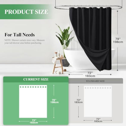 Long 3 in 1 Waffle Shower Curtain Set with Liner 72x78 Black | 78 Inch Long, Waterproof Clear PEVA Liner, 256GSM Heavy Duty Fabric, Tall Hotel Luxury Shower Curtains for Bathroom, 12 Hooks - color: A Black, size: 72"W x 78"L (Pack of 1)