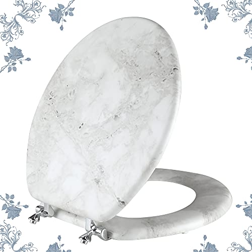 Round Marble Toilet Seat Natural Wood Toilet Seat with Zinc Alloy Hinges, Easy to Install also Easy to Clean, Anti-pinch Wooden Toilet Seat by Angol Shiold (Round, Gray) - color: Grey Marble, size: Round-16.5“