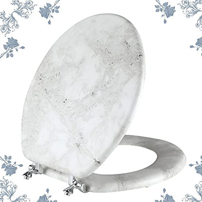 Round Marble Toilet Seat Natural Wood Toilet Seat with Zinc Alloy Hinges, Easy to Install also Easy to Clean, Anti-pinch Wooden Toilet Seat by Angol Shiold (Round, Gray) - color: Grey Marble, size: Round-16.5“