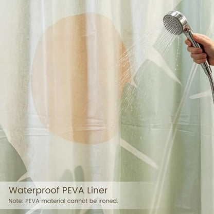Tropical Leaves Linen Boho Shower Curtain Set with Liner,72" Wx72 L | Double Layer Shower Curtain Waterproof Fabric with Zippered Removable PEVA Liner,Boho Shower Curtain for Bathroom,Free Hooks - color: Banana Leaf