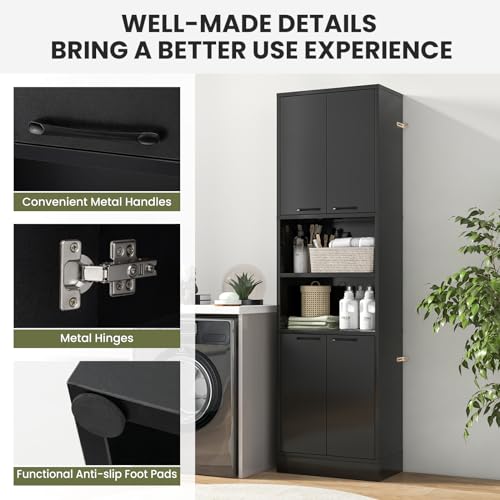 NAFORT Bathroom Storage Cabinet, 75" Freestanding Tall Cupboard with Shelves, Anti-toppling Devices & Non-Slip Foot Pads, Modern Slim Cabinet for Livingroom, Dining Room & Bath Room - color: Black