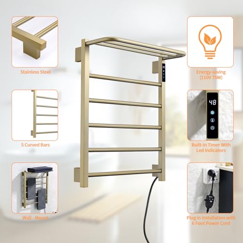 Modern Electric Towel Warmer, Wall Mounted Heated Towel Rack in Brushed Gold, Smart Temperature Control with LED Display