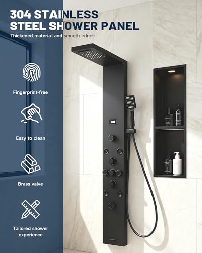 5 IN 1 Shower Panel Stainless Steel Shower Tower Panel System Matte Black | Rainfall Waterfall Shower Head with Handheld Shower Massage Body Jets with Tub Spout Shower System by Homevacious - color: Matte Black, style: 5 In 1 Shower Panel