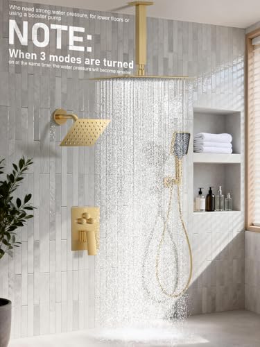 Woindo Shower Faucet Set, 10" Ceiling Mount Rainfall Shower System with 2 Rain Shower Head and Multi-function Handheld Head Push Button Diverter Shower Faucet Trim Kit - color: Brushed Gold, style: 10"-Ceiling-01