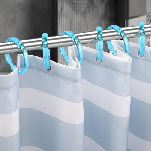 Blue Shower Curtain Hooks - 12 Pcs Circular Plastic Shower Curtain Rings for Bathroom - O Shaped Transparent Aqua Blue Shower Hooks Rings for Shower Curtain Rod - color: Transparent Aqua Blue