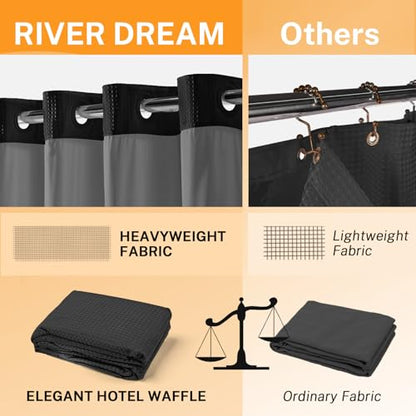 River Dream No Hooks Shower Curtain with 2 Snap in Liner, Black, 71Wx74H | Waffle Weave, 1 Attached Snap in Liner and 1 Extra Replacement Liner, Bathroom Curtains Shower Set, Hotel Grade, Spa Like - color: Black