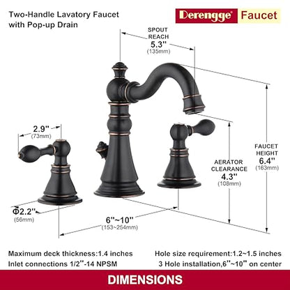 Oil Rubbed Bronze 2-Handle 8 Inch Widespread Bathroom Faucet 3 Holes,2 Pack | Derengge Traditional Widespread Sink Faucet, With Pop-Up Drain 360° Swivel Stainless Steel Spout, F-8805-ORB - color: Oil Rubbed BronzeX2