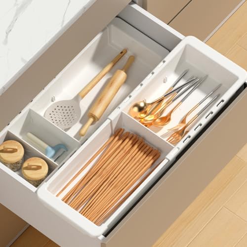 2 PCS Sliding Drawer Tray with Adjustable Dividers | Expandable Kitchen Storage Organizer, Sliding Drawer Bin, Expandable Drawer Organizer Trays For Utensils, Flatware, Junks