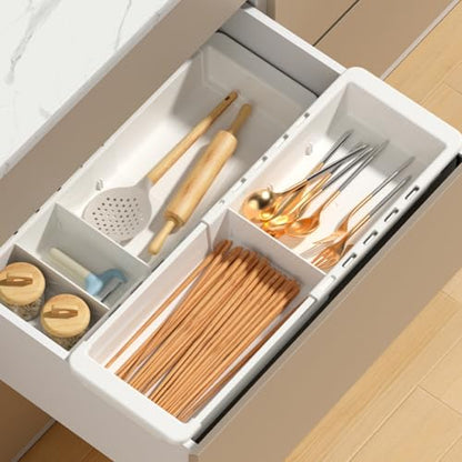 2 PCS Sliding Drawer Tray with Adjustable Dividers | Expandable Kitchen Storage Organizer, Sliding Drawer Bin, Expandable Drawer Organizer Trays For Utensils, Flatware, Junks