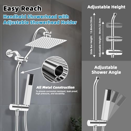 Hibbent 10'' Rainfall Shower Head with 4-mode Handheld Shower Spray, Chrome | cUPC Certified High Pressure Showerhead Combo, 12'' Adjustable Extension Arm, Extension Bar, Easy Reach Holder, 71'' Hose - color: Chrome, style: Square 10''