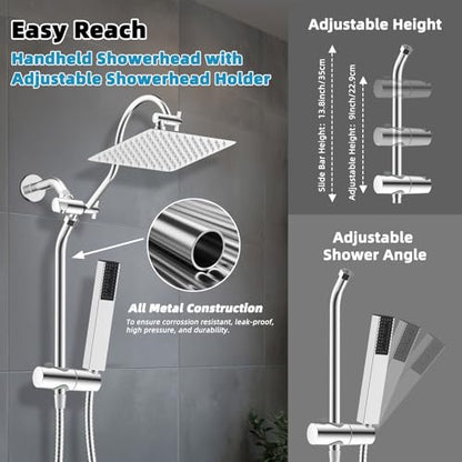 Hibbent 10'' Rainfall Shower Head with 4-mode Handheld Shower Spray, Chrome | High Pressure Showerhead Combo, 12'' Adjustable Extension Arm, Extension Bar, Easy Reach Holder, 71'' Hose - color: Chrome, style: Square 10''