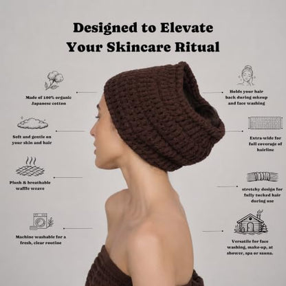 Luxury Organic Japanese Cotton Waffle Spa Headband for Women | Adjustable Towel Headband with Magic Tape | Makeup, Face Washing, Facial, Cosmetic & Skincare, Gift for Her Self-Care (Dark Cocoa) - color: Dark Cocoa, style: Headband (Extra Wide)