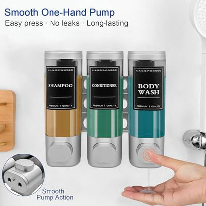 3-Chamber Wall Mount Shower Dispenser - No-Drill Adhesive or Drill Mount - Refillable Shampoo, Conditioner & Body Wash Dispenser for Home, RV & Hotel - Eco-Friendly & Compact (Silver) - color: Silver