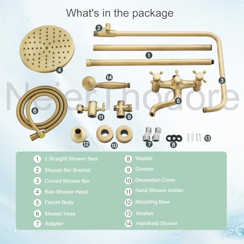 NeierThodore Antique Brass 8-Inch Bathroom Shower Faucet System Rainfall Shower Head Wall-Mounted Dual Cross Handle Bathtub Shower Mixer Tap with Hand Sprayer - color: Antique Brass, size: 8 Inch 3 Modes