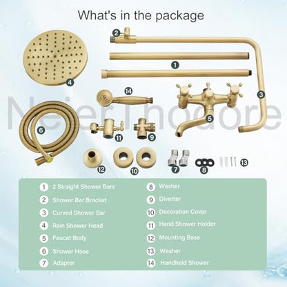 NeierThodore Antique Brass 8-Inch Bathroom Shower Faucet System Rainfall Shower Head Wall-Mounted Dual Cross Handle Bathtub Shower Mixer Tap with Hand Sprayer - color: Antique Brass, size: 8 Inch 3 Modes