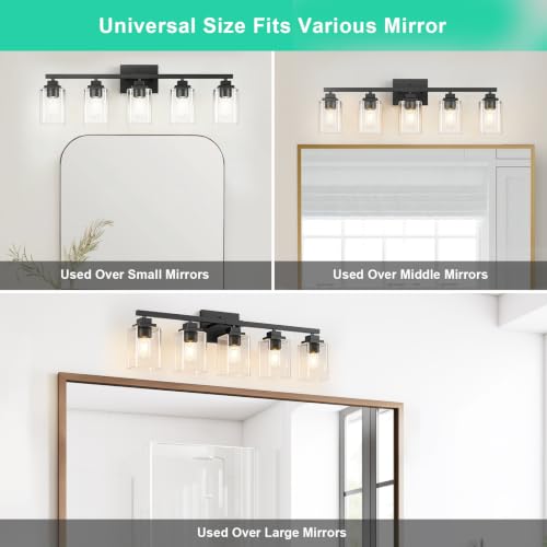 Matte Black Bathroom Vanity Light, 5-Light Modern Vanity Lighting Fixtures Over Mirror with Clear Glass Shade,Square Design,Wall Sconces for Living Room Cabinet Bedroom,E26 Socket - size: 5-Light