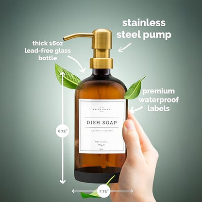 Vine Creations Amber Glass Soap Dispenser, 2 Pack Kitchen Soap Dispenser Set with Stainless Steel Pump, 16 oz Dish Soap and Hand Soap Dispensers for Bathroom with Waterproof Labels - color: Amber Bottle / Gold Pump