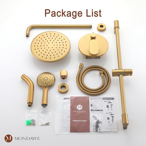 MONDAWE 9 Inch Wall Mounted Shower Faucet Set with Tub Spout in Brushed Gold, Rainfall Shower Head with 3-Setting Handheld Spray Shower Combo, High Pressure Shower System with Solid Brass Valve - color: Brushed Gold, style: 9 IN - With Tub Spout