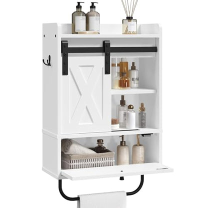 MAHANCRIS Bathroom Wall Cabinet, Farmhouse Medicine Cabinets with Sliding Door, Wall Mounted Storage Cabinet with Adjustable Shelf and Towel Bar, for Bathroom, Living Room, Kitchen, White - color: White